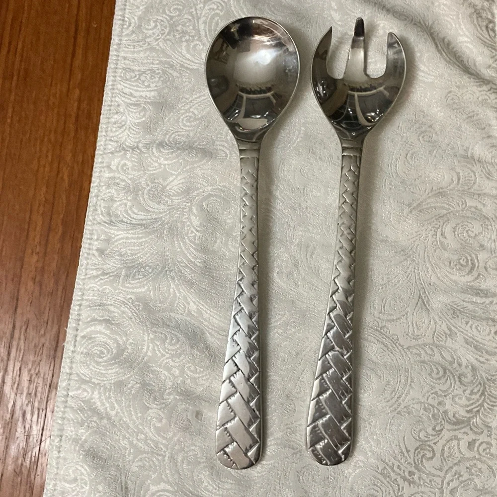 Vintage Stainless Steel Salad Serving Set Large Spoon Fork Textured Handles